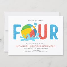 a card with the word four on it and an image of a beach ball in the water