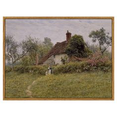 a painting of a cottage with a woman and child in the yard next to it