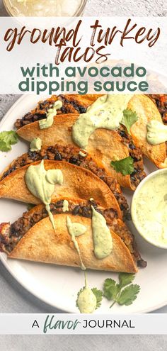 three quesadillas with avocado dipping sauce on a white plate