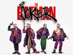 three clowns are standing in front of a white background with the word'the joker '