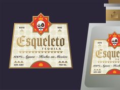 the label for tequila esqueeto is shown in two different colors and sizes, with an image of a skull on it