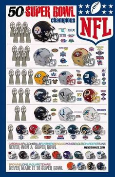 the nfl super bowl trophy poster is shown in blue and white with football helmets on it