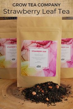 A photo of Grow Tea Company's Strawberry Leaf Tea in sustainable zipped packaging Strawberry Leaf Tea, Summer Morning Routine, Blackberry Leaves, Strawberry Leaf, Strawberry Leaves, Tea Company, Summer Morning