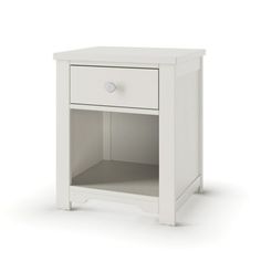 a white nightstand with one drawer open on the top and two drawers closed at the bottom