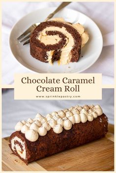 chocolate caramel cream roll on a white plate