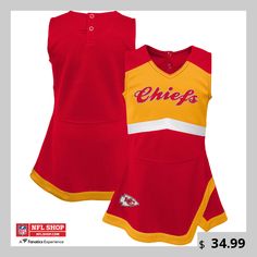 Your young little one looks like the ultimate Kansas City Chiefs cheerleader in this Captain Jumper dress. It features a sleeveless construction and lightweight material that allows them to move freely. An unmistakable Kansas City Chiefs design with bold team graphics and accents makes your tot the cutest fan in the room. Chiefs Design, Kansas City Chiefs Cheerleaders, Cheer Leaders, Cheer Captain, Kansas City Chiefs, Jumper Dress, First Look, Cheerleading, Kansas City