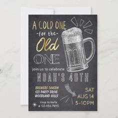 a chalkboard style birthday party with a beer mug on the front and gold foil lettering