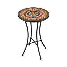 a small table with a mosaic design on it's top and metal frame legs