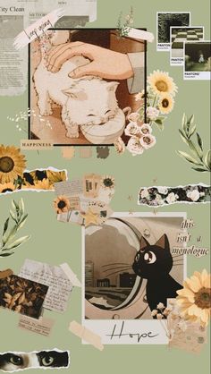 a collage of pictures with sunflowers, flowers and other things on it