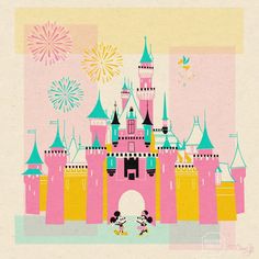 an image of mickey and minnie mouse in front of a castle with fireworks on it