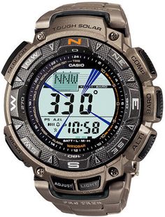 Be sure to add me to your favorites list! Casio Protrek Triple Sensor Solar Powered Titanium Men's Watch (PRG-240T-7) Casio Protrek Triple Sensor Solar Powered Titanium Men's Watch PRG-240T-7 Model: PRG-240T-7 Electro-luminescent backlight Full auto EL light, selectable illumination duration, afterglow Solar powered Low-temperature resistant (-10 °C/14 °F) Digital compass Measures and displays direction as one of 16 points Measuring range: 0° to 359° Measuring unit: 1° 20 seconds continuous meas Casio Protrek, Solar Watch, Altimeter, Barometer, Sports Watch, Gshock Watch, Garmin Watch, Mens Fashion Trends, Sport Watches