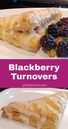 blackberry turnovers with white glaze and fresh berries on the side are shown in this image