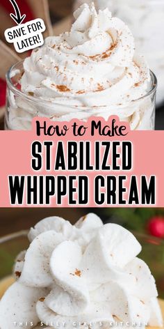 Stabilized whipped cream is a fantastic addition to your favorite treats and drinks! This whipped cream recipe from This Silly Girl's Kitchen is delicious and easy to make, and the best part is that it doesn't melt! Stabilized whipped cream doesn't fall apart like most whipped creams and is perfect for hot cocoa, smoothies, milkshakes, and ice cream. Find out how to make this stabilized whipped cream today!