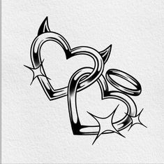 two hearts with stars and an arrow tattoo design on the side of a white paper