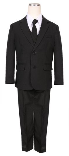 Classic cut formal suit with all the items required for any formal events.  The sets include: White Dress shirt with pin tuck front, fully lined vest, adjustable neck tie, classic cut jacket, formal pants.  The main parts of the suits are made from polyester with the shirt made from a poly-cotton blend.   Your little man will surely be a stand out with this perfect suit in any events. PLEASE SEE OUR PICTURE COLLECTION FOR THE COMPLETE SIZE CHART Product Features: *         5-Piece MATCHING suit Formal Fitted Uniform Sets, Fitted Formal Uniform Suit, Long Sleeve Uniform Style Formal Suits, Formal Uniform Style Tailored Blazer, Formal Tailored Uniform Blazer, Formal Long Sleeve Uniform Suits, Tailored Uniform Style Formal Blazer, Formal Long Sleeve Uniform Style Suits, Tailored Business Suits With Uniform Style