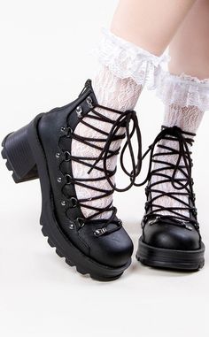 BRATTY-32 Black Lace Up Ankle Bootie-Demonia-Tragic Beautiful Boots Reference, Goth Spring, Boots Demonia, Alt Shoes, Demonia Boots, Alternative Shoes, Goth Shoes, Gothic Boots, Demonia Shoes