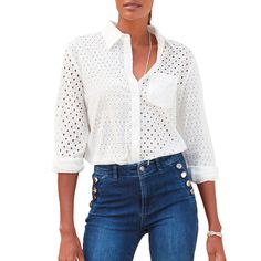 This eyelet button down blouse is perfect for a chic look that can be styled in many different ways. * Functional button placket * Pocket on the left chest * Long sleeves with button cuffs * U-shaped hem * Eyelet size may vary * 100% Cotton. Imported. * Machine wash cold with like colors, inside out * Hang to dry or lay flat Daywear Eyelet Button-up Top, Casual Eyelet Blouse For Daywear, Chic Blouse With Buttoned Pockets For Day Out, White Button-up Eyelet Blouse, White Eyelet Button-up Blouse, Chic Eyelet Blouse For Daywear, Spring Eyelet Button-up Top, Chic Eyelet Blouse For Day Out, Snap Button-up Blouse For Day Out