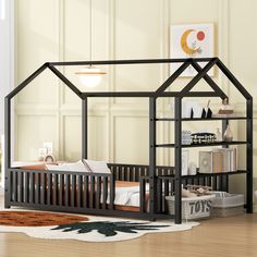 Twin Size Metal House Bed with Fence and Detachable Storage Shelves Roof Fence, Twin Size Beds, Twin House Bed, Bunk Bed Twin, Affordable Bed, Boy Bed, Metal Canopy Bed, Fun Bedroom