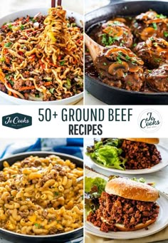 the top ten ground beef recipes are shown in four different pictures, including meat and noodles