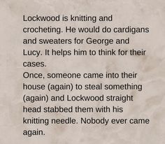 the poem is written in black ink on a piece of parchment paper with white writing that reads lockwood is knitting and crocheting he would do cardigans and sweaters