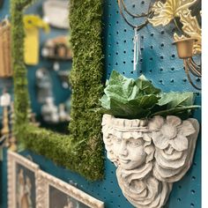 a green plant in a white vase hanging on a blue wall next to other items