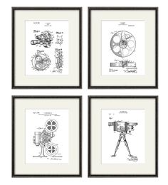 four framed blueprints of different types of film equipment, including a camera and a tripod