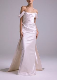 Juniper Modern Duchess Satin Gown | Over The Moon Amsale Wedding Dress, Amsale Bridal, Amsale Bridesmaid, Draped Bodice, Flare Gown, Duchess Satin, White Gown, Designer Wedding Gowns, Column Gown