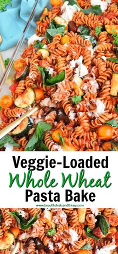 vegetable loaded whole wheat pasta bake with spinach and fettuccine on top