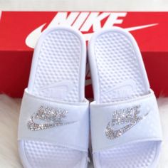 Women's Bling Nike Slides. Each Shoe Is Hand Designed With Crystals Being Placed One By One, Making This A Time Consuming Process But The End Result Is Truly An Amazing Work Of Art. Made To Order. Please Allow 2 Weeks To Ship. Dm After Purchasing To Discuss Bling Color Change If Needed, Be Sure To Check My Other Bling Shoe Listings For Different Gem Colors & Designs. Custom Orders Are Welcome. Please Notify Me First If You Need Your Order By A Certain Date. There Is A Rush Order Fee. Nike White Low-top Sandals, White Nike Low-top Sandals, Nike White Slip-on Sandals, White Nike Slip-on Sandals, Nike Sliders, Nike Slippers, Nike Footwear, Nike Sandals, Boty Nike