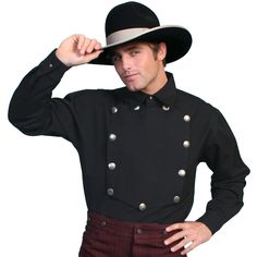 SCULLY Mens RangeWear Black Long Sleeve Shirt (RW011-BLK) FEATURES Durable bib shirt Concho style buttons on the bib and cuffs 100% cotton Machine wash cold Description For authentic western wear, travel back in time with Scully Range Wear, designed with classic western detailing. This durable bib shirt is made of 100% cotton material and features concho style buttons on the bib and cuffs and a throwback western style. The Scully Range Wear collection is true classic western wear at its best! Sp Western Black Button-up Shirt, Western Style Black Button-up Shirt, Black Western Button-up Shirt, Black Shirt With Buttons For Winter, Black Western Top With Button Closure, Western Style Black Shirt For Fall, Western Black Shirt For Fall, Black Western Style Shirt For Fall, Black Western Shirt For Fall