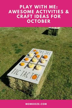 some pumpkins are sitting on top of a hay bale with the words play with me awesome activities and craft ideas for october