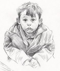 a pencil drawing of a young boy with his arms folded over his chest and looking at the camera