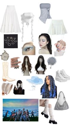 the collage shows different types of clothing and accessories, including shoes, hats, hair, and makeup