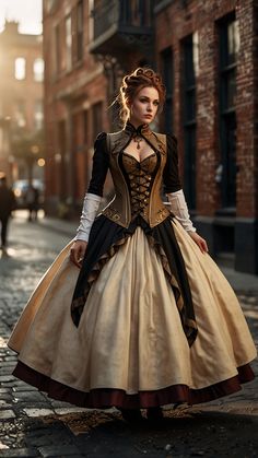 Dans les ruelles animées de la cité steampunk, baignées dans les teintes chaudes d'un coucher de soleil doré, une femme remarquable se dresse telle une icône de l'élégance victorienne et de la puissance industrielle. Parée d'un ensemble somptueux, elle incarne l Steampunk Costume Dress With Overbust, Steampunk Costume Dress With Overbust Shape, Steampunk Cosplay Costume For Events, Women’s Steampunk Costume, Steam Punck Costume, Mode Steampunk, Style Steampunk, Rich Women, Steampunk Costume