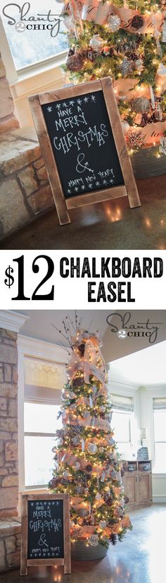 the christmas tree has been decorated with chalk and is next to a sign that says 12 chalkboard easel