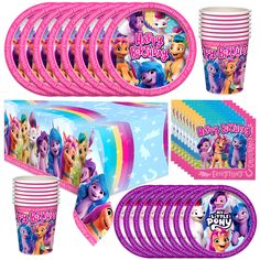 the party pack includes pink cups, plates and napkins with pony ponies on them