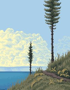 a pixel art landscape with trees on the side of a hill and water in the background