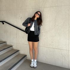 Charcoal Grey Skirt Outfit, New Outfit Aesthetic, Pre Winter Outfits Women, Summer Fits Aesthetic Casual, Monterey Bay Outfit Ideas, Gray Cardigan Outfit Aesthetic, How To Style Grey Cardigan, Chic Simple Outfit, Mini Skirt And Cardigan Outfit