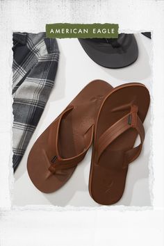 Leather upper & footbed/'American Eagle' logo tag/Round toe Brown Leather Flip Flops For Outdoor, Brown Leather Footbed Flip Flops For Outdoor, Brown Leather Outdoor Flip Flops, Outdoor Leather Brown Flip Flops, Brown Flip Flops For Outdoor, Classic Brown Flip Flops With Cushioned Footbed, Brown Flip Flops With Removable Insole For Everyday, Brown Leather Footbed Flip Flops For Everyday Wear, Casual Brown Flip Flops For Everyday