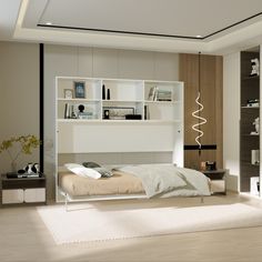 a white bed sitting in a bedroom on top of a hard wood floor next to a book shelf