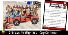 a fire truck with five firefighters on it and the text five brave firefighters clip art