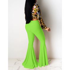 Fluorescent Green Ruffled Hem Nightclub Flare Pants Fluorescent Yellow, Flare Pants, Ruffle Hem, Night Club, Bottoms Pants, Yellow, Pants, Green, Trousers