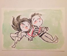 a drawing of two people flying through the air with their arms around each other,