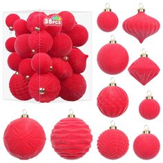 red christmas balls and ornaments with gold trimmings are shown in front of a white background