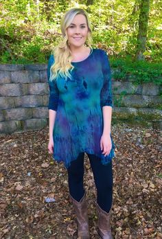 Plus size tunic top, tunic tops,  plus sizes, tie dye, Womens Tunic, Multi Blues, Green w/black  2X Tall Brown Boots Outfit, Brown Boots Outfit, Black Tunic Tops, Plus Size Tunic, Tie Dye Maxi, Black Tunic, Women Tunic Tops, Tie And Dye, Top Round