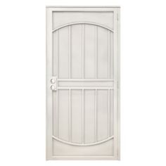 an open white door with bars on the top and bottom panel, isolated against a white background