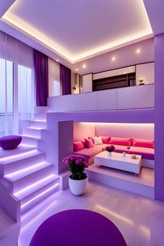 a living room filled with purple furniture next to a white table and stairs in front of a window