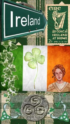 a collage with irish symbols and a street sign