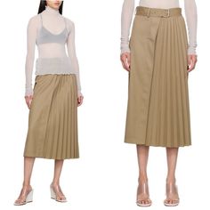 Lvir Wool-Blend Twill Skirt In Tan. Pleats Throughout. Wrap Construction Belt Loops Integrated Pin-Buckle Belt Zip Closure At Side Seam Flap Pocket At Side Seam Full Satin Lining Supplier Color: Tan Body: 50% Wool, 50% Polyester. Lining: 52% Viscose, 48% Polyester. Made In South Korea. New With Tags Condition Style #Lv23f-Sk05 Size Small Approximate Measurements Flat: Waist: 14” Length: 33” Elegant Khaki Skirt For Workwear, Spring Khaki Pleated Skirt, Elegant Khaki Skirt, Elegant Fitted Khaki Skirt, Belted Midi Skirt, Skirt Wool, Twill Skirt, Tan Belt, Tan Body