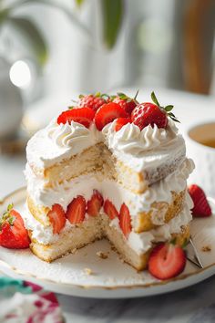 a piece of cake with white frosting and strawberries on top